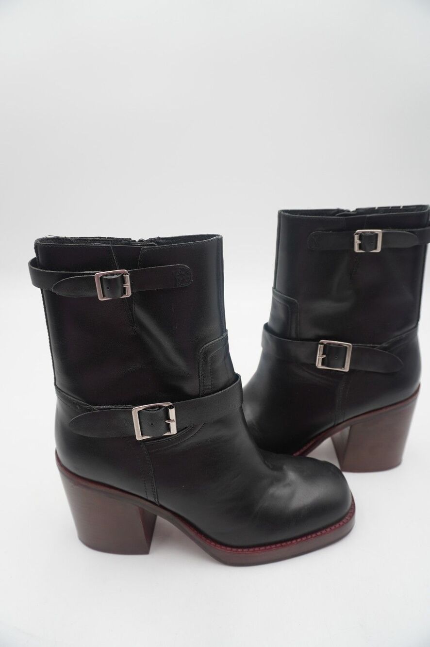 Jeffrey Campbell Black Leather Moto Boots Buckle Block Heel Biker Goth Grunge 40